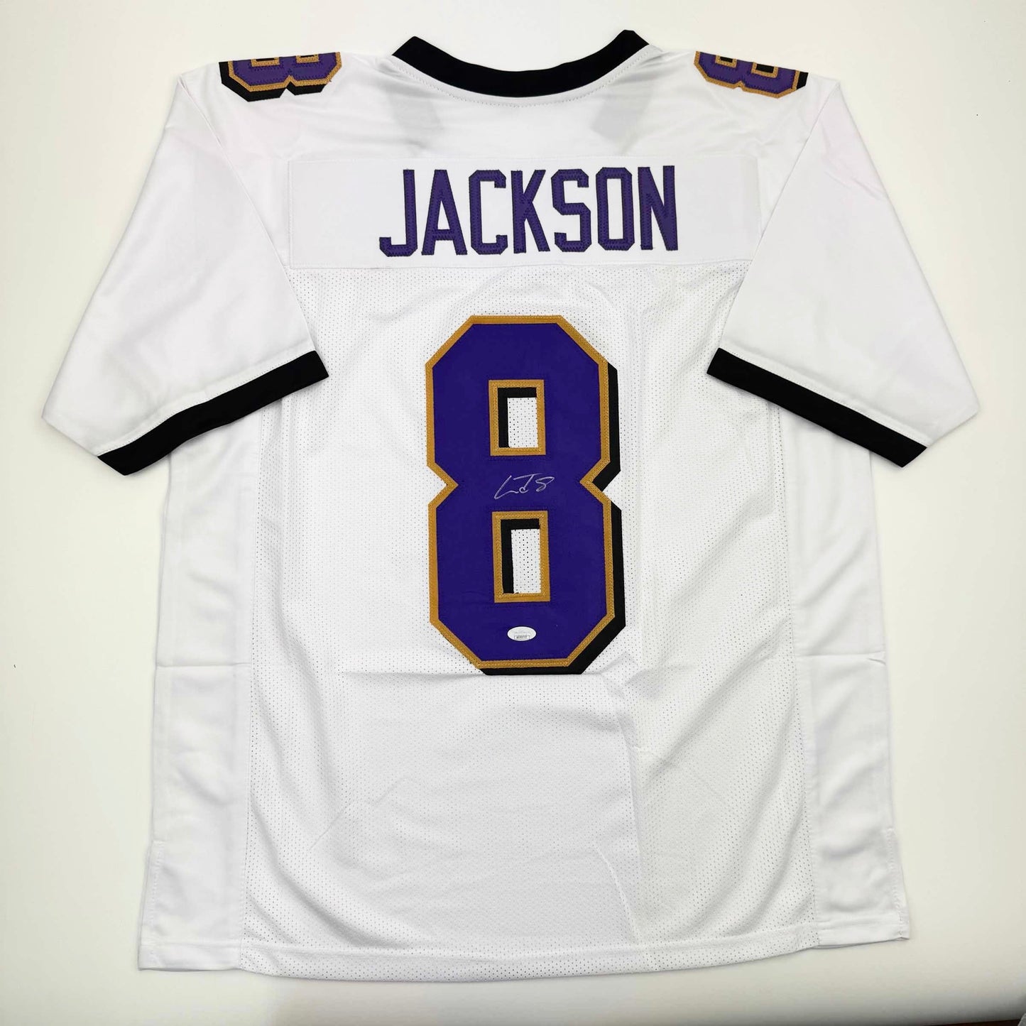 Autographed/Signed Lamar Jackson Baltimore White Block Football Jersey JSA COA