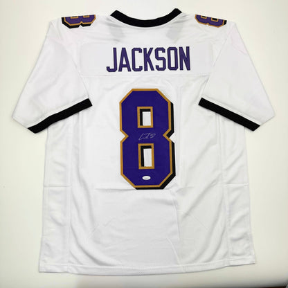 Autographed/Signed Lamar Jackson Baltimore White Block Football Jersey JSA COA
