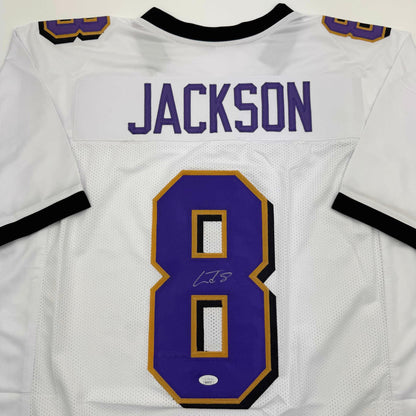 Autographed/Signed Lamar Jackson Baltimore White Block Football Jersey JSA COA