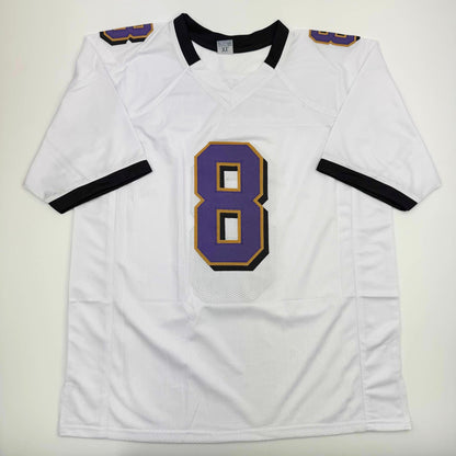 Autographed/Signed Lamar Jackson Baltimore White Block Football Jersey JSA COA