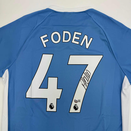 Autographed/Signed Phil Foden Manchester City Blue Soccer Futbol Jersey Beckett BAS COA #2
