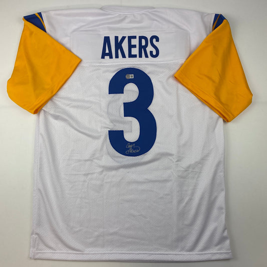Autographed/Signed Cam Akers Los Angeles LA White Football Jersey Beckett BAS COA