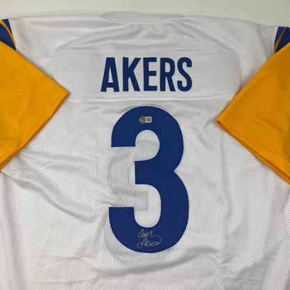 Autographed/Signed Cam Akers Los Angeles LA White Football Jersey Beckett BAS COA