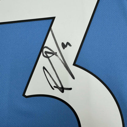 Framed Autographed/Signed Ruben Dias 35x39 Manchester City Blue Soccer Futbol Jersey Beckett BAS COA #2