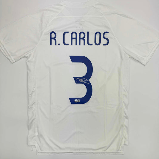 Autographed/Signed Roberto Carlos Real Madrid White Soccer Jersey Beckett BAS COA