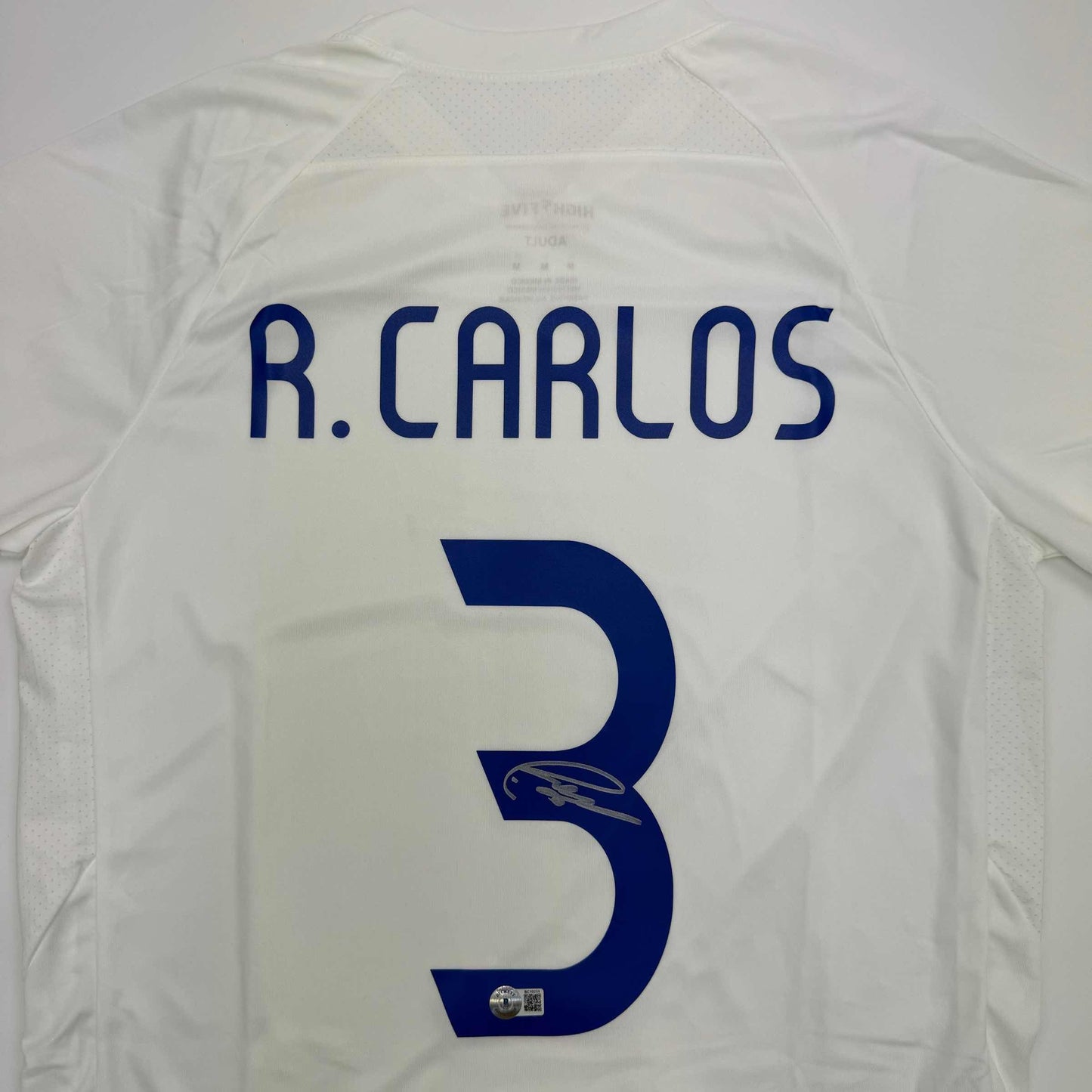 Autographed/Signed Roberto Carlos Real Madrid White Soccer Jersey Beckett BAS COA