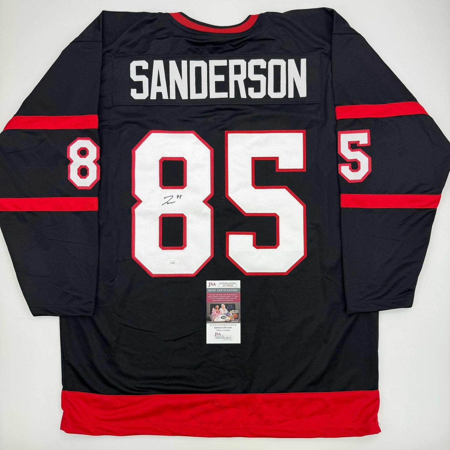 Autographed/Signed Jake Sanderson Ottawa Black Hockey Jersey JSA COA
