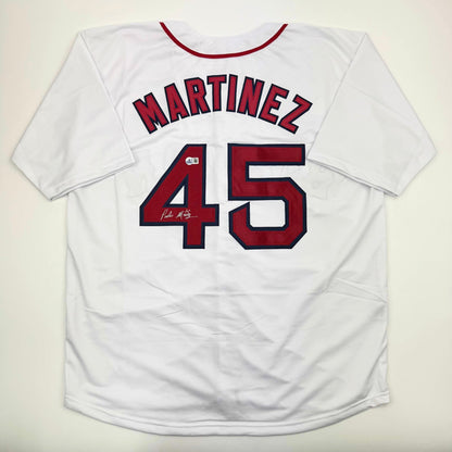 Autographed/Signed Pedro Martinez Boston White Baseball Jersey Beckett BAS COA