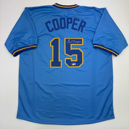 Autographed/Signed Cecil Cooper Milwaukee Blue Baseball Jersey Beckett BAS COA