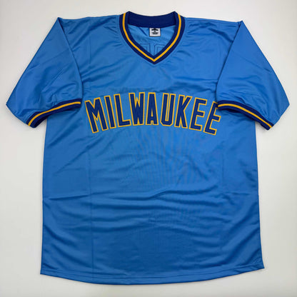 Autographed/Signed Cecil Cooper Milwaukee Blue Baseball Jersey Beckett BAS COA