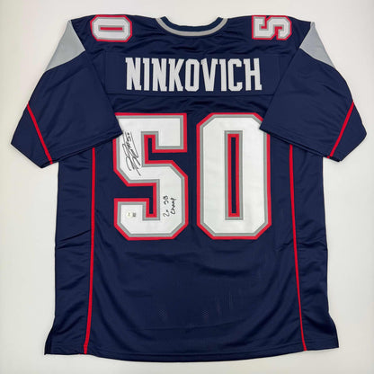 Autographed/Signed Rob Ninkovich "2x SB Champ" New England Blue Football Jersey Beckett BAS COA