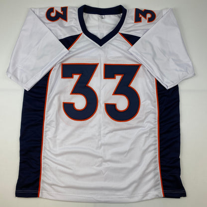 Autographed/Signed Javonte Williams Denver White Football Jersey Beckett BAS COA