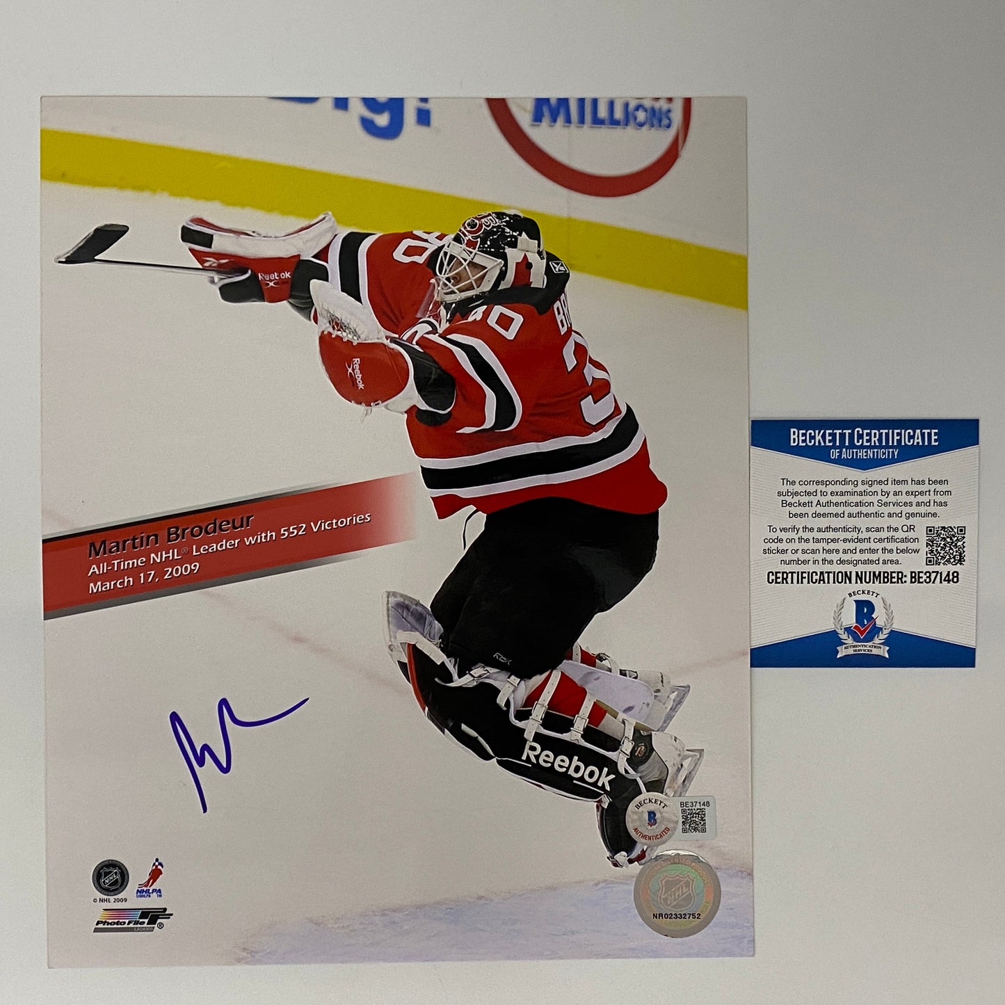 Autographed/Signed Martin Brodeur New Jersey Devils 8x10 Hockey Photo Beckett BAS COA #2