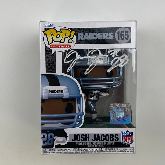 Autographed/Signed Josh Jacobs Las Vegas Oakland Raiders Funko Pop #165 Football Figurine Toy Beckett BAS COA