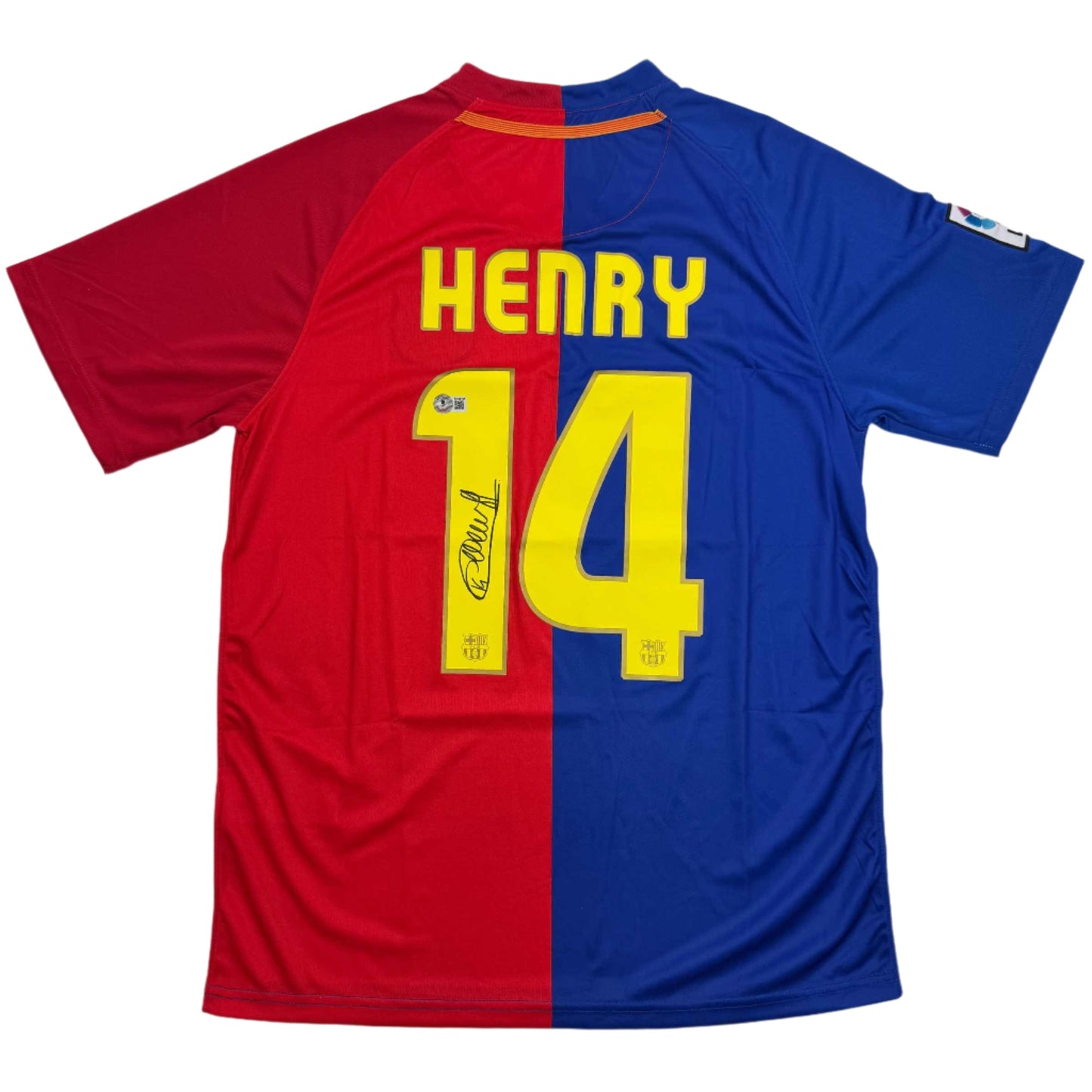 Autographed/Signed Thierry Henry FC Barcelona Blue Soccer Jersey Beckett BAS COA