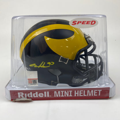 Autographed/Signed Aidan Hutchinson Michigan Wolverines Mini College Football Helmet Beckett BAS COA