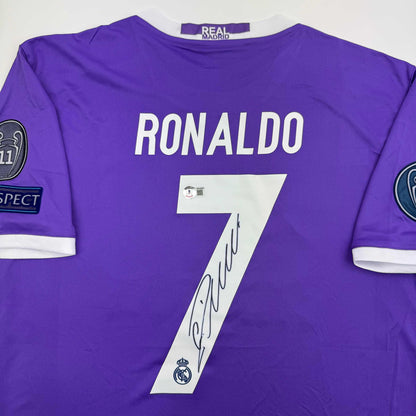 Autographed/Signed Cristiano Ronaldo Real Madrid Purple Soccer Jersey Beckett BAS COA