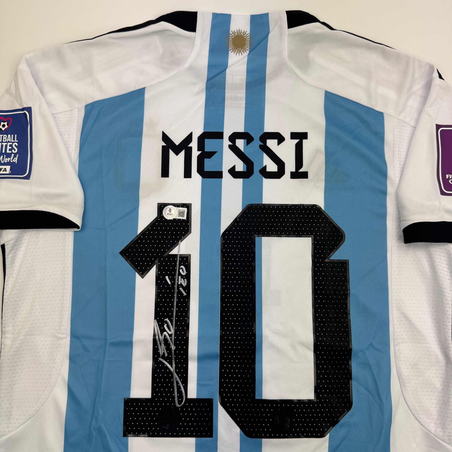 Autographed/Signed Lionel Leo Messi Argentina Blue/White Soccer Jersey Beckett BAS COA