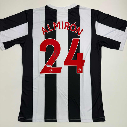 Autographed/Signed Miguel Almiron Newcastle United White/Black Soccer Jersey Beckett BAS COA