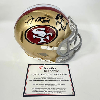 Autographed/Signed Joe Montana & Jerry Rice Dual San Francisco 49ers Football Mini Helmet Fanatics COA