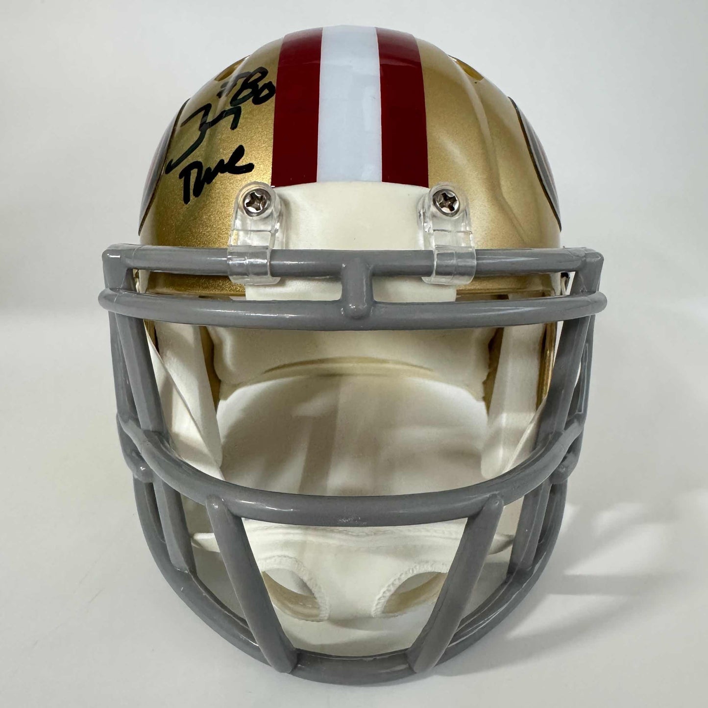 Autographed/Signed Joe Montana & Jerry Rice Dual San Francisco 49ers Football Mini Helmet Fanatics COA