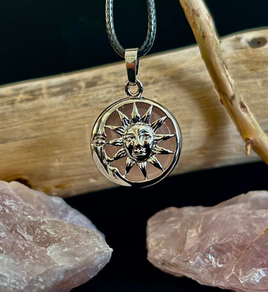 Sun & Moon Rose Quartz Pendant | Handcrafted Celestial Necklace for Love & Harmony