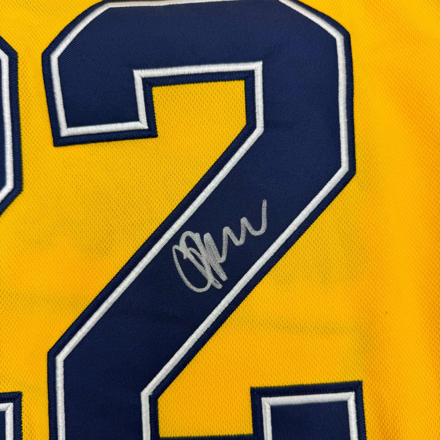 Framed Autographed/Signed Owen Power 35x39 Michigan Yellow College Hockey Jersey JSA COA