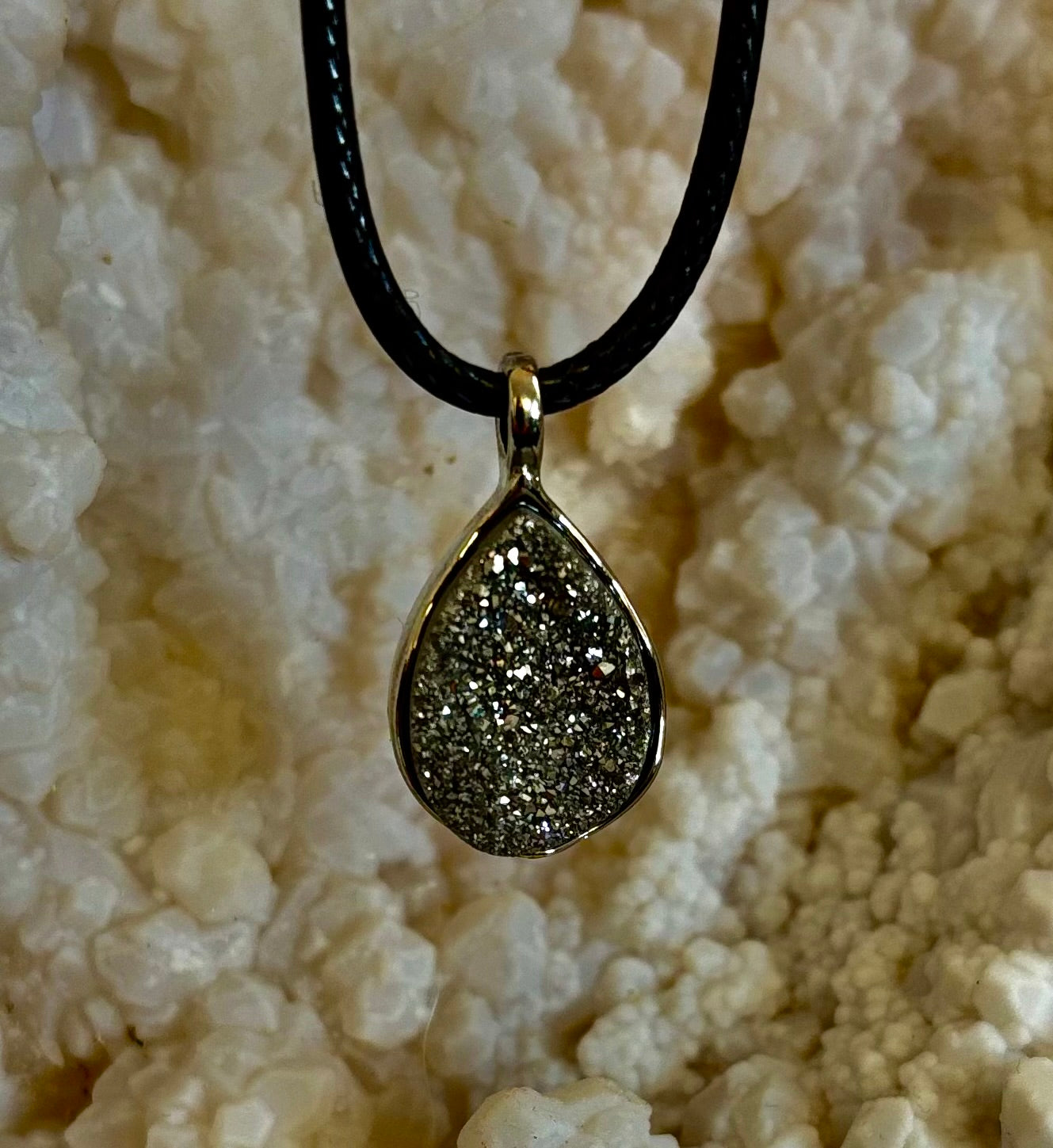 Silver Druzy Teardrop Pendant Necklace | Petite 18mm Pear-Shape Charm on 23” Cord
