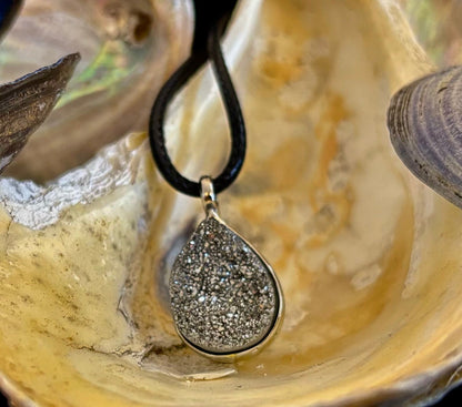 Silver Druzy Teardrop Pendant Necklace | Petite 18mm Pear-Shape Charm on 23” Cord