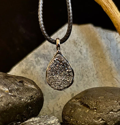 Silver Druzy Teardrop Pendant Necklace | Petite 18mm Pear-Shape Charm on 23” Cord