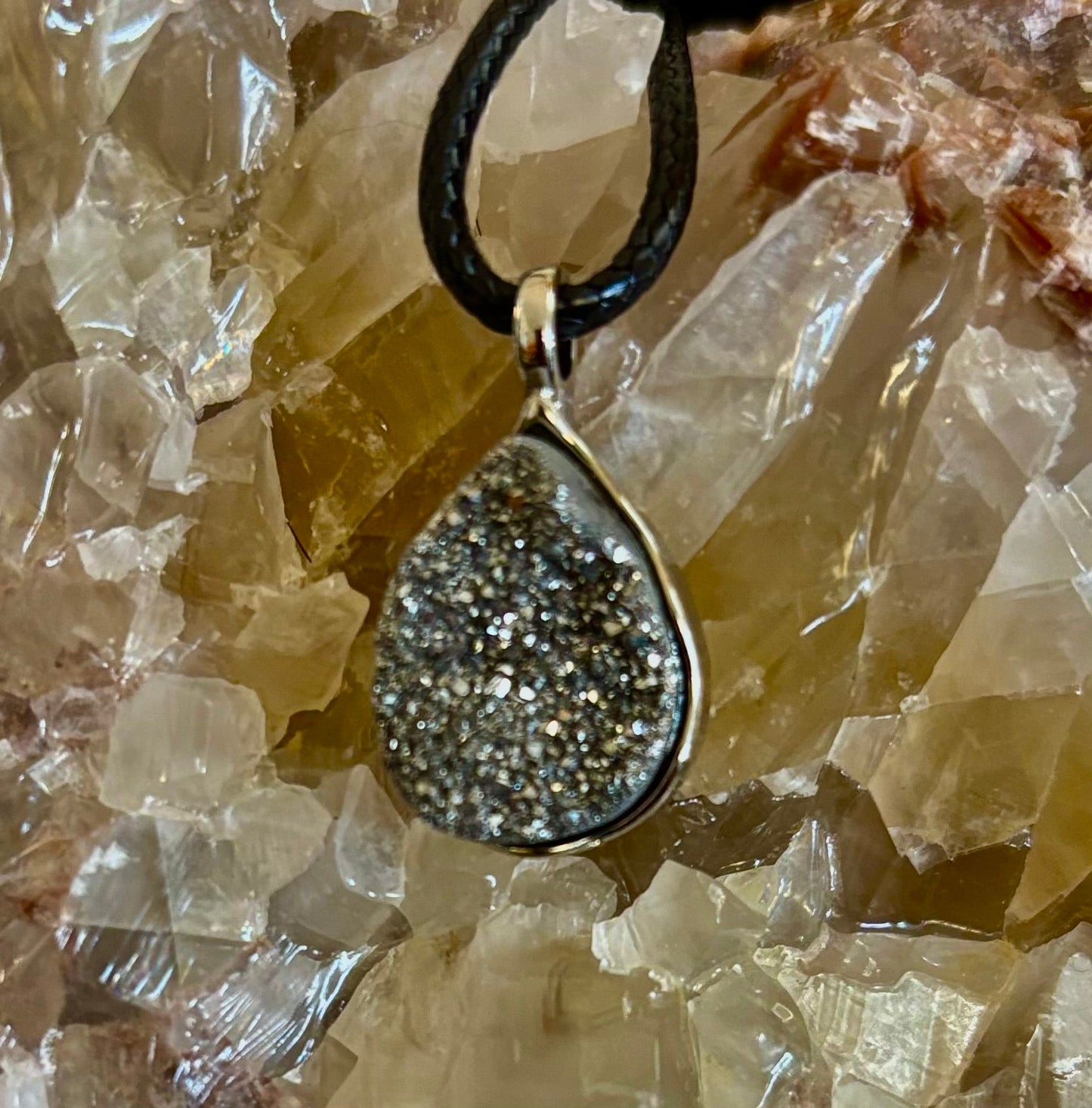 Silver Druzy Teardrop Pendant Necklace | Petite 18mm Pear-Shape Charm on 23” Cord