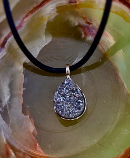 Silver Druzy Teardrop Pendant Necklace | Petite 18mm Pear-Shape Charm on 23” Cord