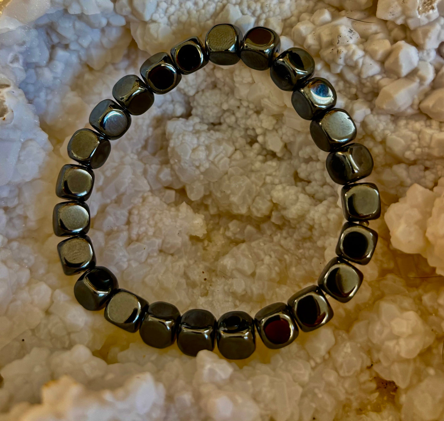 Hematite Cube Beaded Bracelet | Grounding Energy & Balance | Unisex 7.8mm Stretch Fit