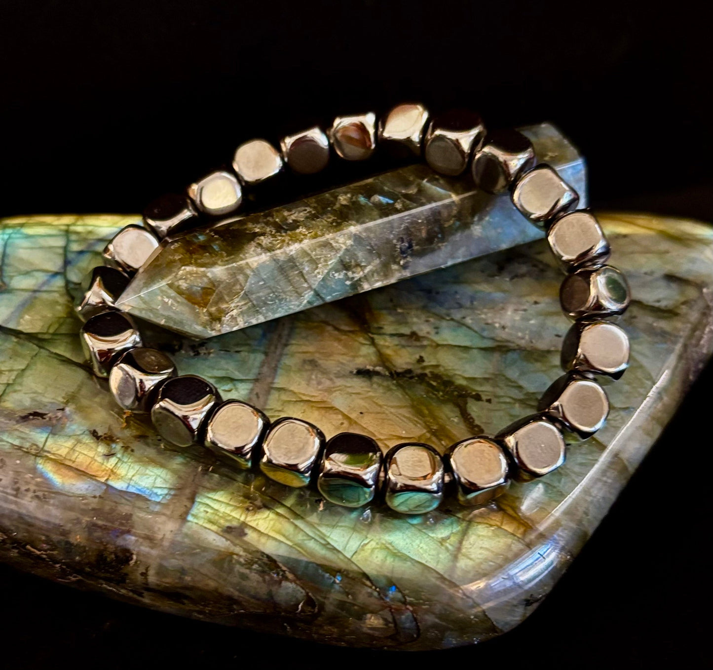 Hematite Cube Beaded Bracelet | Grounding Energy & Balance | Unisex 7.8mm Stretch Fit