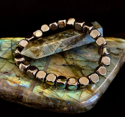 Hematite Cube Beaded Bracelet | Grounding Energy & Balance | Unisex 7.8mm Stretch Fit