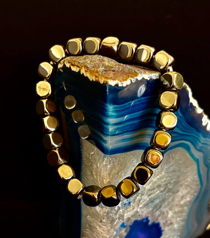 Hematite Cube Beaded Bracelet | Grounding Energy & Balance | Unisex 7.8mm Stretch Fit