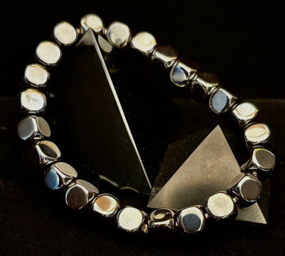 Hematite Cube Beaded Bracelet | Grounding Energy & Balance | Unisex 7.8mm Stretch Fit