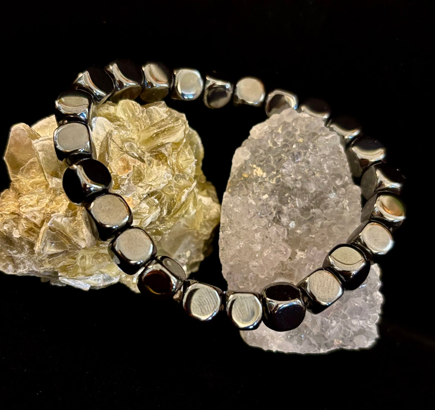 Hematite Cube Beaded Bracelet | Grounding Energy & Balance | Unisex 7.8mm Stretch Fit