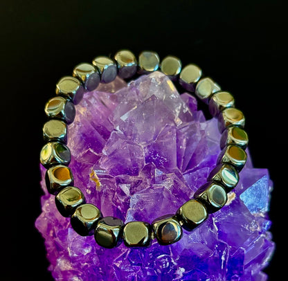 Hematite Cube Beaded Bracelet | Grounding Energy & Balance | Unisex 7.8mm Stretch Fit