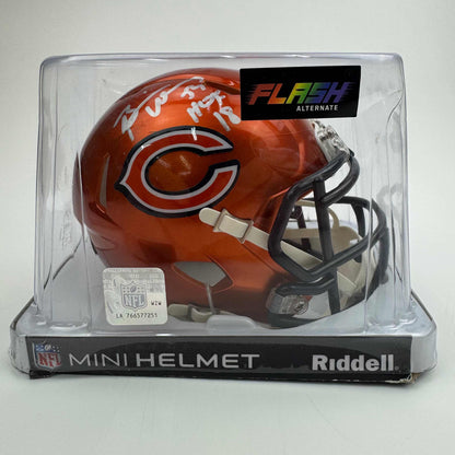 Autographed/Signed Brian Urlacher HOF 18 Chicago Bears Flash Mini Football Helmet Beckett BAS COA