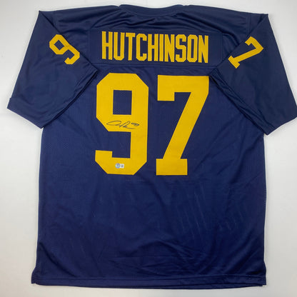 Autographed/Signed Aidan Hutchinson Michigan Blue College Football Jersey Beckett BAS COA