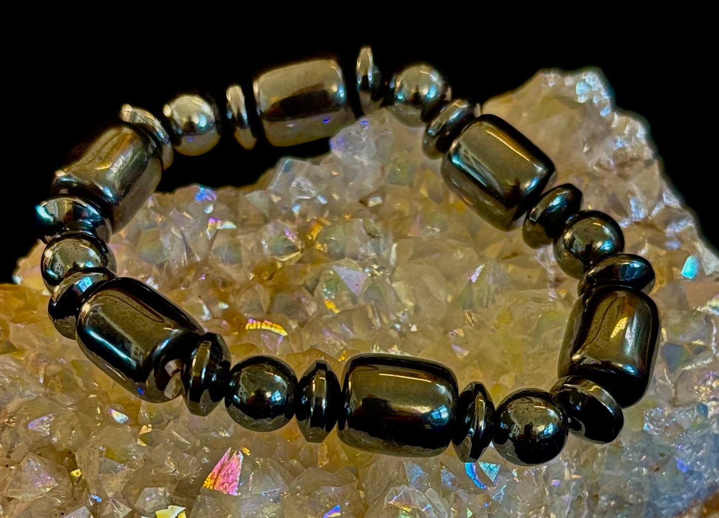 Power Play Hematite Bracelet | Geometric Healing Stone for Strength & Style (Large Wrists)