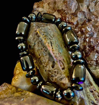 Power Play Hematite Bracelet | Geometric Healing Stone for Strength & Style (Large Wrists)