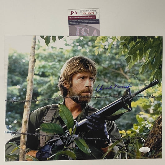 Autographed/Signed Chuck Norris Missing in Action 11x14 Movie Photo JSA COA #6