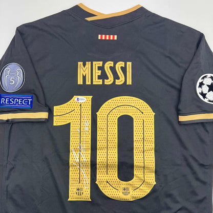 Autographed/Signed Lionel Leo Messi FC Barcelona Black Soccer Jersey Beckett BAS COA
