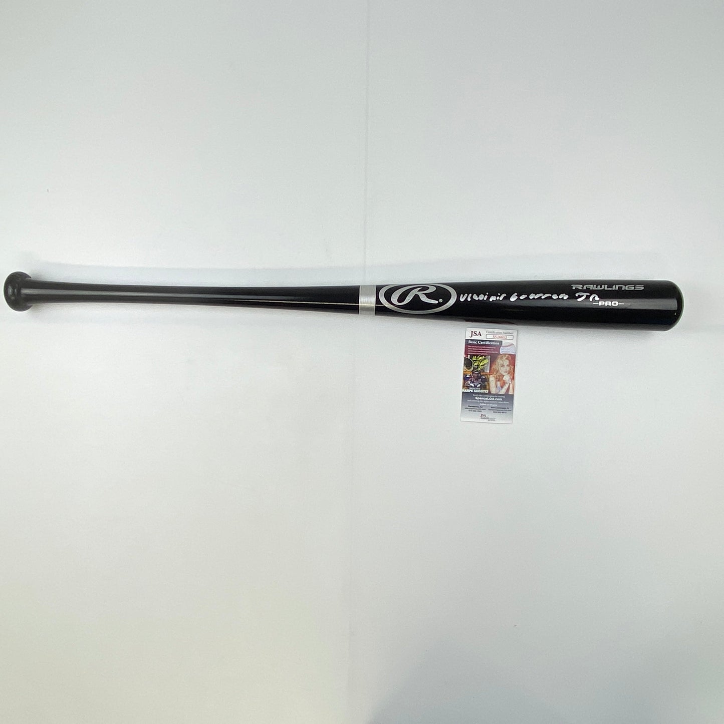 Autographed/Signed Vladimir Guerrero Jr. Toronto Blue Jays Rawlings Pro Black Baseball Bat JSA COA