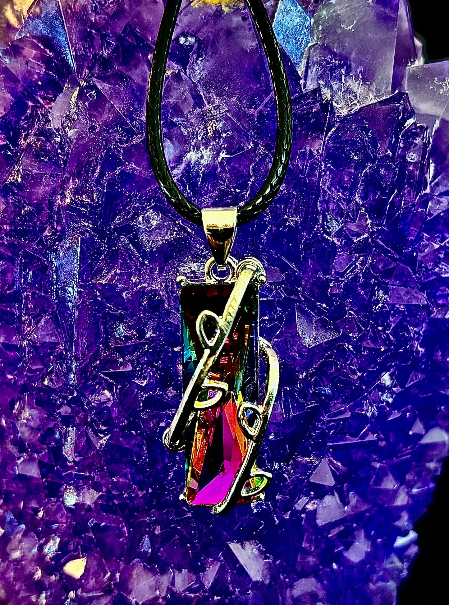 Prismatic Energy Pendant Necklace | Colorful Crystal Branch Design on Leather Cord