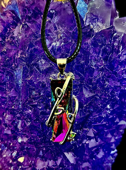Prismatic Energy Pendant Necklace | Colorful Crystal Branch Design on Leather Cord
