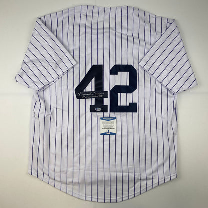 Autographed/Signed Mariano Rivera 1st Unanimous HOF New York Pinstripe Baseball Jersey Beckett BAS COA