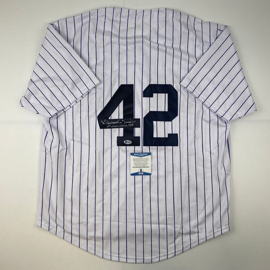 Autographed/Signed Mariano Rivera 1st Unanimous HOF New York Pinstripe Baseball Jersey Beckett BAS COA